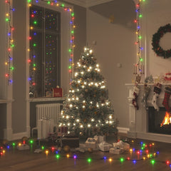Multicolor LED string lights draped around a Christmas tree and room with gifts and fireplace.