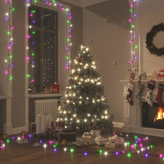 49.2ft USB-powered pastel multicolor LED string lights with 150 LEDs draped around a Christmas tree and room.