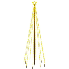 A 10 ft tall outdoor Christmas tree with a central pole, warm white LED strands, star top, and ground spike base.