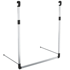 Silver telescopic wardrobe hanging rail, adjustable with hooks and extendable arms.