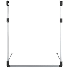 Silver adjustable telescopic wardrobe hanging rail with black brackets and supports.