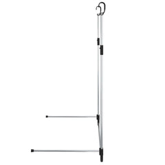 Silver telescopic wardrobe hanging rail, adjustable with hooks and extendable arms.