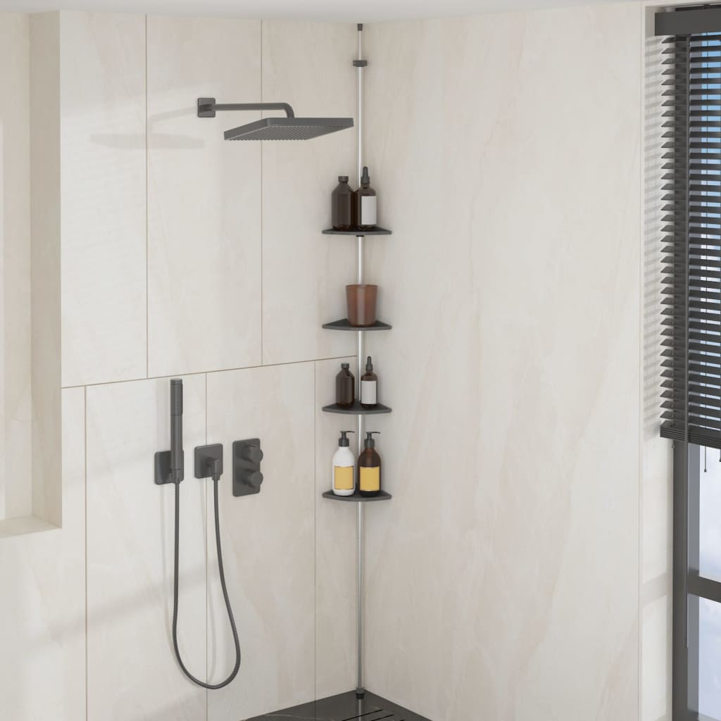 Silver aluminum 4-tier adjustable telescopic shower corner shelf with rust-proof trays mounted in a bathroom corner.