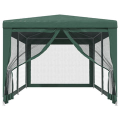 Green HDPE party tent with six mesh sidewalls and a zippered entrance, 9.8 by 19.7 feet.