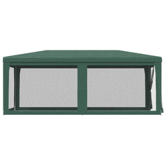 Green HDPE party tent with mesh sidewalls, measuring 9.8'x19.7'.