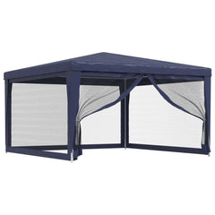 Blue 13x13 ft party tent with peaked roof and four mesh sidewalls.