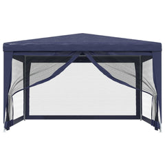 Blue 13x13 ft party tent with peaked roof and four mesh sidewalls.