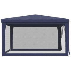 Blue 13x13 ft party tent with four mesh sidewalls and powder-coated iron frame.