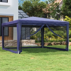 Blue 13x13 ft party tent with four mesh sidewalls and powder-coated iron frame outdoors