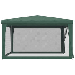 Green HDPE party tent, 13.1x13.1ft, with peaked roof and four mesh sidewalls.