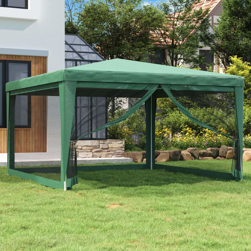 Green HDPE party tent, 13.1x13.1ft, with four mesh sidewalls, set up on grass near a house.