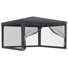 Anthracite HDPE party tent measuring 13.1x13.1ft with four mesh sidewalls.