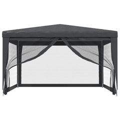 Anthracite party tent with HDPE roof and four mesh sidewalls, 13.1 by 13.1 feet.