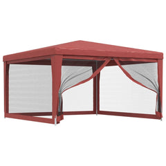 Red party tent with four mesh sidewalls, measuring 13.1'x13.1', for outdoor events.