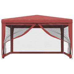 Red party tent with four mesh sidewalls and a zipper entrance, measuring 13.1'x13.1'.