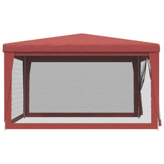 Red party tent with four mesh sidewalls, measuring 13.1'x13.1', for outdoor gatherings.