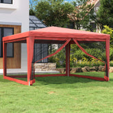 Red party tent with four mesh sidewalls, measuring 13.1'x13.1', for outdoor gatherings.