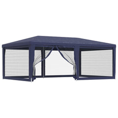 Blue HDPE party tent measuring 19.7'x13.1' with six mesh sidewalls.