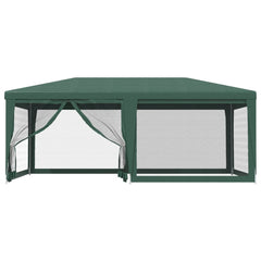 Green HDPE party tent measuring 19.7'x13.1' with six mesh sidewalls.