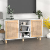 Sideboard White Engineered wood, solid pinewood, natural rattan
