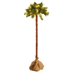 70.9" tall green and brown artificial Christmas palm tree with LED lights and stable base.