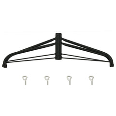 Black steel Christmas tree stand, 3x3x1 ft, supports trees up to 10 ft tall with secure bolts.