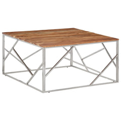 Coffee Table Silver, Natural Wood Stainless Steel, Solid Acacia Wood