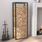 A tall, black steel firewood rack filled with neatly stacked logs next to a fireplace.
