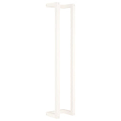 White solid pine wood towel rack with two vertical bars and a base.