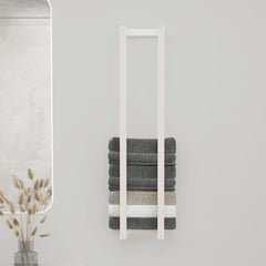 White solid pine wood towel rack mounted on wall with stacked gray and white towels.