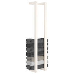 White solid pine wood towel rack with five rungs holding stacked gray towels, 9.1x7.1x43.3 inches.