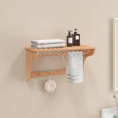 Solid walnut wood towel rack with slatted shelf, bar, and hooks on beige wall.