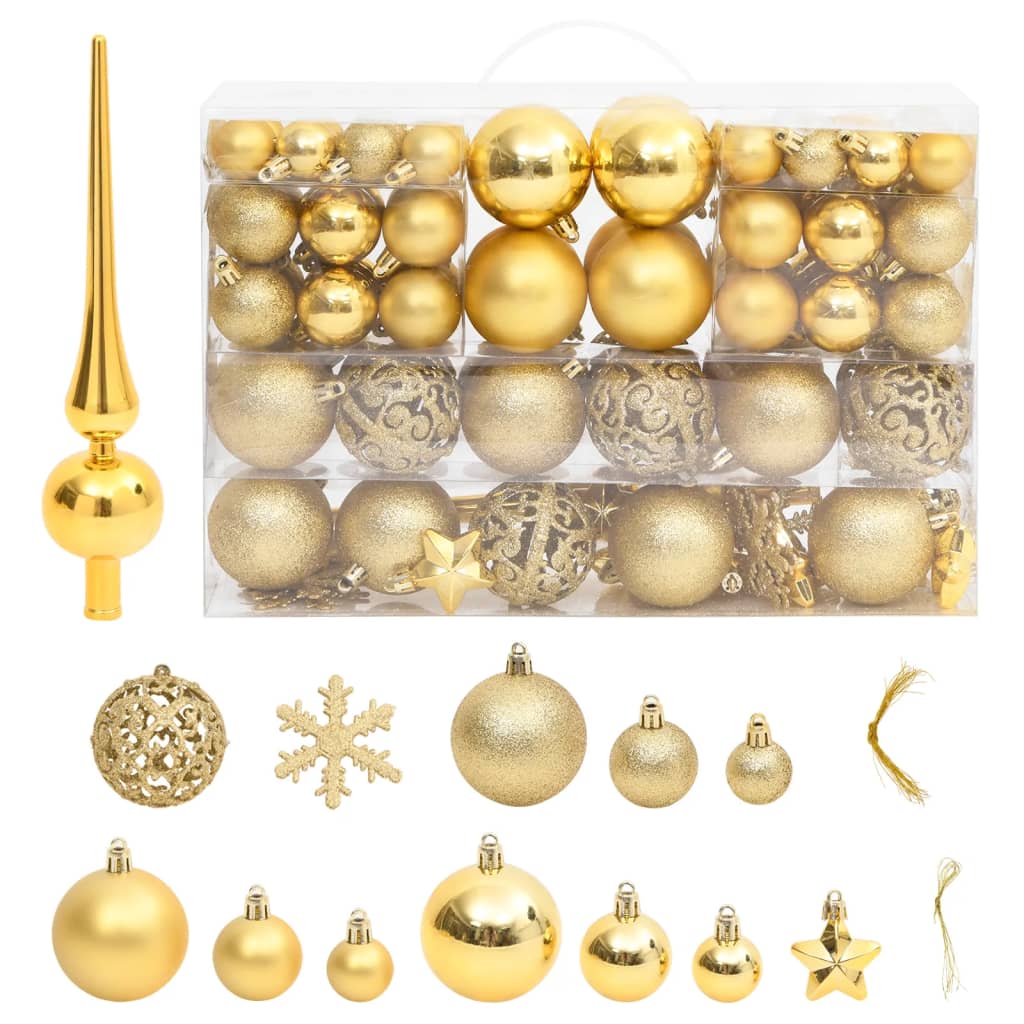 Gold polystyrene Christmas bauble set with 111 shatterproof pieces in various finishes and sizes.
