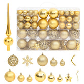 Gold polystyrene Christmas bauble set with 111 shatterproof pieces in various finishes and sizes.