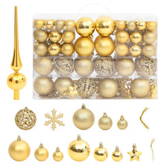 Gold polystyrene Christmas bauble set with 111 shatterproof pieces in various finishes and sizes.