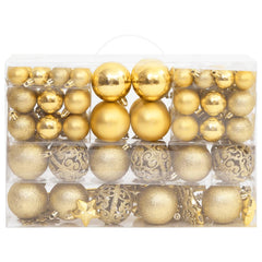 Gold polystyrene Christmas bauble set with 111 shatterproof pieces in various finishes.