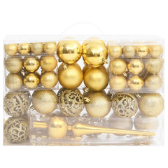 A set of 111 gold polystyrene Christmas baubles in various sizes and finishes.