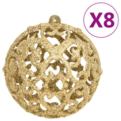 Gold polystyrene Christmas bauble set with 111 shatterproof pieces in various finishes and sizes.
