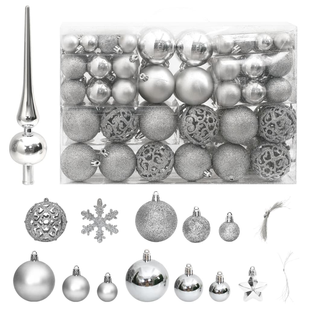 111-piece silver Christmas bauble set in various sizes and styles, made of shatterproof polystyrene.