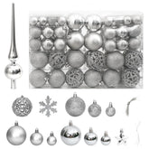 111-piece silver Christmas bauble set in various sizes and styles, made of shatterproof polystyrene.