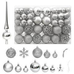 111-piece silver Christmas bauble set in various sizes and styles, made of shatterproof polystyrene.