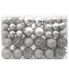 111-piece silver Christmas bauble set in various sizes and styles, made of shatterproof polystyrene.