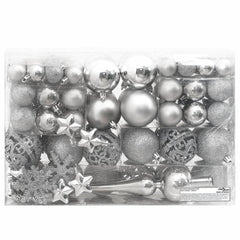 111-piece silver Christmas bauble set with shatterproof polystyrene in various styles and sizes.