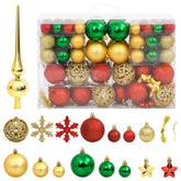 112-piece shatterproof Christmas bauble set in red, green, and gold with tree topper.