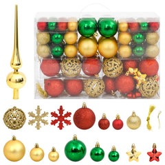 112-piece shatterproof Christmas bauble set in red, green, and gold with tree topper.