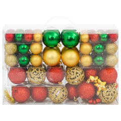 A clear plastic box containing a 112-piece shatterproof Christmas bauble set in red, green, and gold.