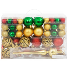 112-piece shatterproof Christmas bauble set in red, green, and gold with various finishes.