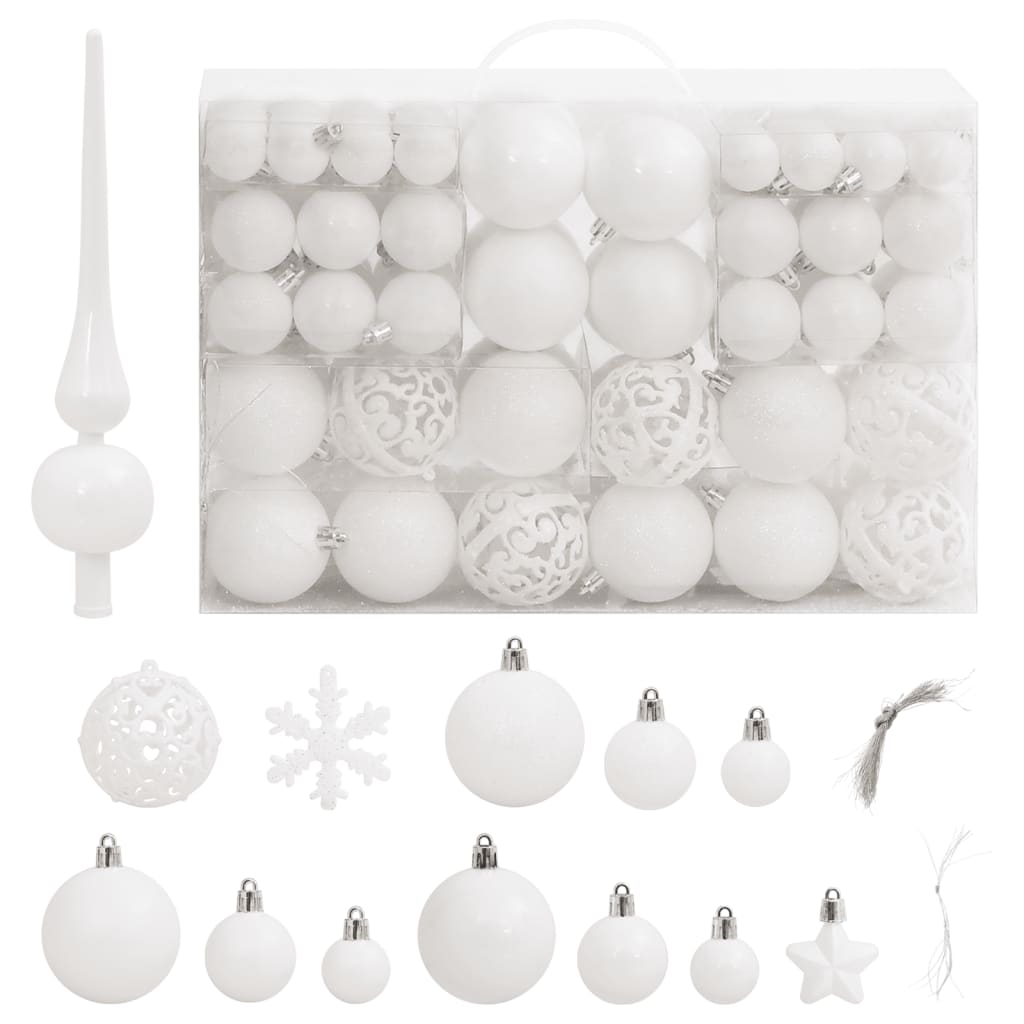 111-piece white polystyrene Christmas bauble set with various styles and sizes.