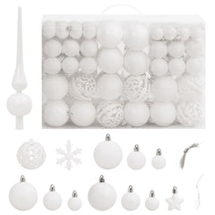 111-piece white polystyrene Christmas bauble set with various styles and sizes.