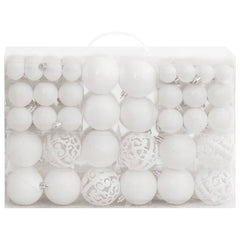 White polystyrene Christmas baubles in various sizes and styles, including stars and snowflakes.